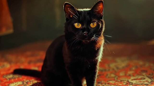 Black cat sitting on an antique red rug