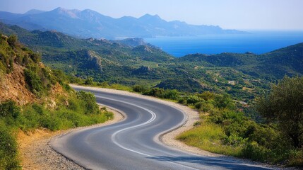 Naklejka premium Curving road meandering through a picturesque landscape featuring mountains sea and clear skies during the early morning hours