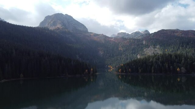Black lake in Durmitor national park, aerial 4k drone video of beauty lake in Montenegro