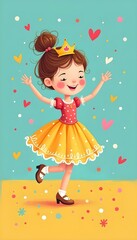 Cute Princess Girl in Yellow Dress with Crown