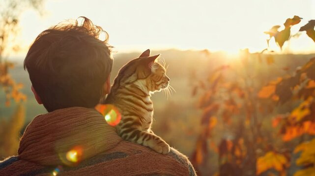 Man with a Bengal cat perched on his shoulder, both looking out at a serene countryside landscape