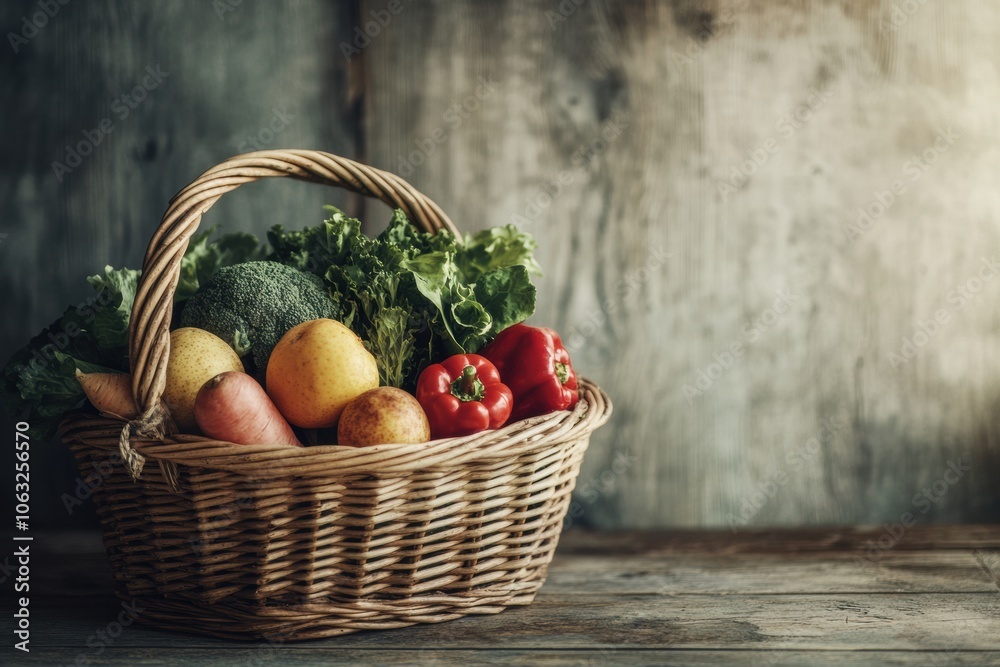 Poster a wicker basket overflows with vibrant vegetables and fruits, resting on a rustic wooden table in a 