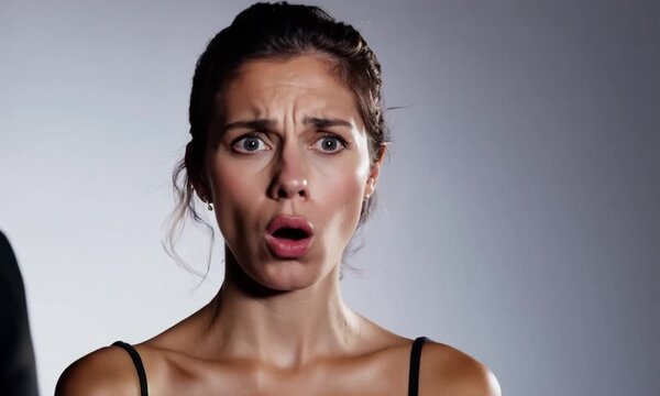 Close-up portrait of a young woman with a surprised expression