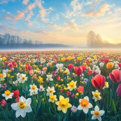 Obraz premium Spring morning mist rising over a blooming field of daffodils and tulips