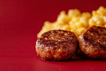 studio lighting, product shot, side view, close up of delicious sausage patties next to delicious scrambled eggs, red solid background, high saturationcinematic still ,generative ai