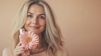 Naklejka premium Mature blonde woman with flower and bottle of hair product on beige background