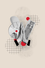 Vertical photo collage of business people hands gesture high five success cooperation cd disk mouse keypad isolated on painted background