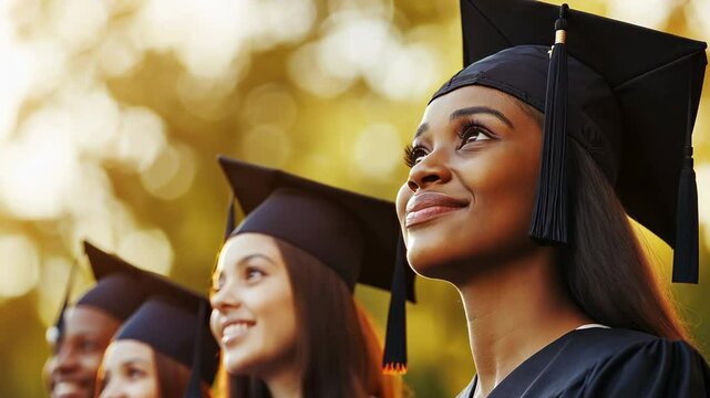 Graduates, caps and gowns with smiles for celebration, success and academic achievement. Diverse students, outdoor graduation and pride for education, accomplishment and future goals