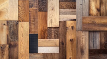 Collection of parquet and laminate floor samples featuring natural hues set against a backdrop of oak wood