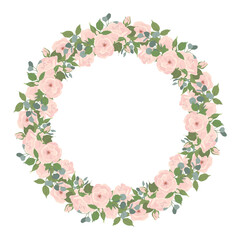 Round frame of light pink roses and eucalyptus branches. Composition of beautiful flowers, buds, leaves isolated on background. Vector floral illustrations in flat style for wedding invitations, cards