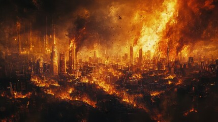 dramatic portrayal of Lotâ€™s escape from Sodom as fire and brimstone rain down on the city, symbolizing divine judgment and mercy,