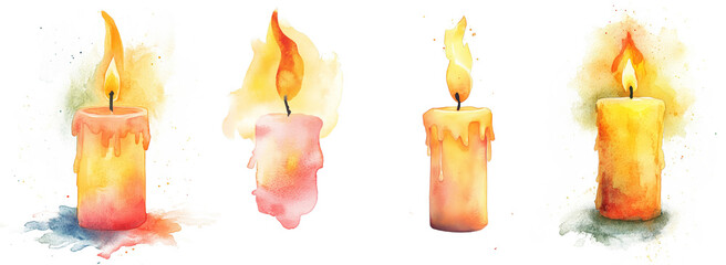 Colorful watercolor candles with dripping wax and vibrant flames transparent background