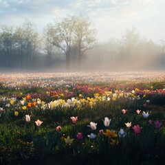 Spring morning mist rising over a blooming field of daffodils and tulips