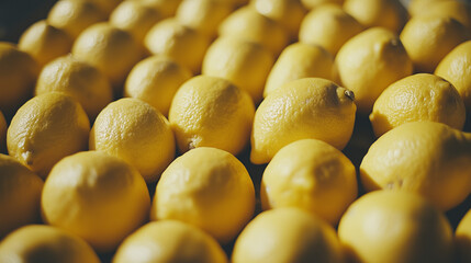 Close-up top down view of whole, fresh, ripe yellow lemons arranged closely next to each other as a background organic lemon fruit