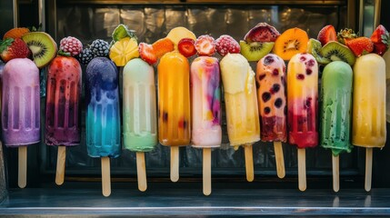 Fototapeta premium Many colorful Ice creams on a stick with fruits inside