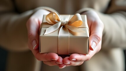 Hands offering a beautifully wrapped present with a ribbon