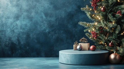 Contemporary blue Christmas greeting card featuring an empty podium for showcasing products Modern banner design for the festive season