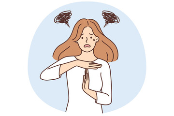 Distressed woman show stop gesture