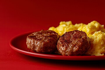 studio lighting, product shot, side view, close up of delicious sausage patties next to delicious scrambled eggs, red solid background, high saturationcinematic still,generative ai