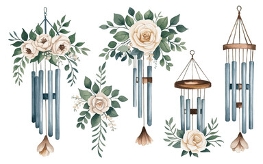 Fototapeta premium Watercolor Illustration of Five Floral Wind Chimes for Outdoor Spaces