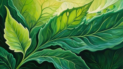 Vibrant green leaves in various shapes create a lush, natural backdrop, showcasing intricate details and textures. Ideal for nature-themed projects