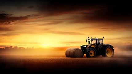 Obraz premium A dynamic scene of a tractor in motion, pulling a large bail of hay across a field during the golden hour. Dust rises from the tires as the sun casts a warm glow, highlighting the details of 