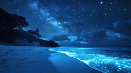 Naklejka premium Mesmerizing Night Beach with Starry Sky and Bioluminescent Waves Capturing Tranquil Serenity and Natural Beauty