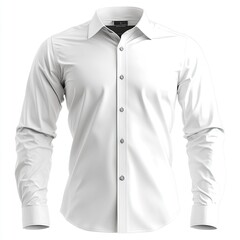The white shirt is shown on the front with long sleeves and buttons down the center, a plain cotton material, a large collar with no creases or folds,generative ai