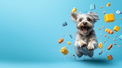 A humorous image of a pet dog with its mouth open in a comical expression, surrounded by colorful toys and a playful setting, capturing the light-hearted nature of communication. Ultra-Realistic, 