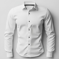 The white shirt is shown on the front with long sleeves and buttons down the center, a plain cotton material, a large collar with no creases or folds,generative ai