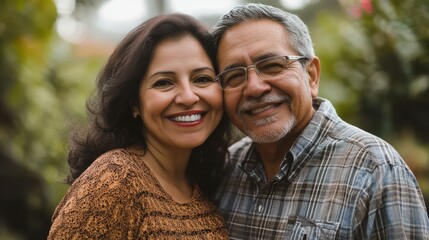 Naklejka premium Middle-aged hispanic couple smiling together outdoors people adult.