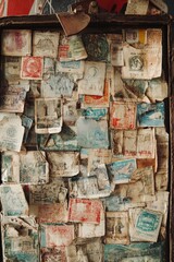 Vintage Travel Suitcase Covered in Old Stamps and Weathered Labels with Rustic, Nostalgic Details
