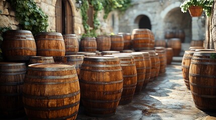 A collection of wooden barrels stacked in a courtyard.