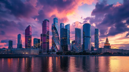 Fototapeta premium A view of the Moscow skyline with a beautiful sunset.