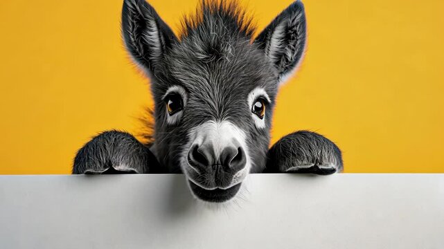 A black and white donkey peeks over a white sign with a yellow background