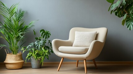 Cozy armchair with a pillow and potted plants on the floor against a gray wall showcasing a modern boho living room design Ideal for interior and furniture blogs