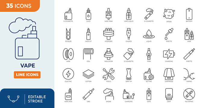 Vape icon set. Vaping Electronic Cigarette Line Icons. Outline Icon Collection. Vector illustration. Editable stroke	