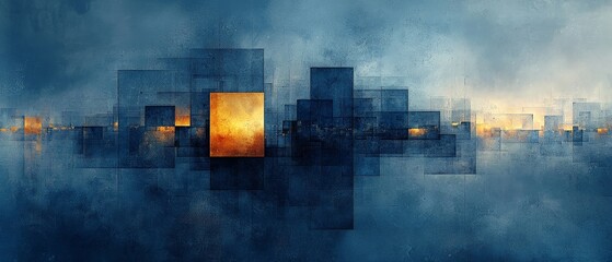 Abstract digital artwork featuring layered geometric shapes and warm light contrasts.