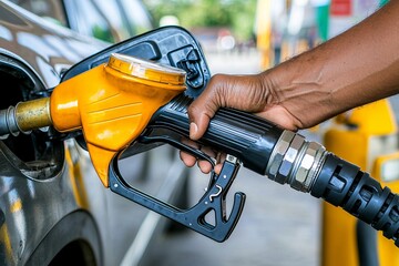 Hand Holding Fuel Pump at Gas Station
