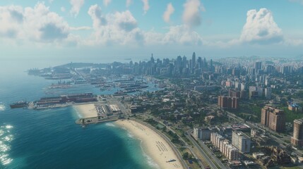 Fototapeta premium Expansive aerial shot of a coastal city with a busy port, sandy beaches, and a bustling downtown area with high-rise buildings. 4K hyperrealistic photo.