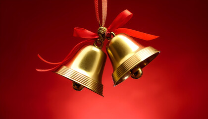 golden bells with red ribbons hanging from them floating or flying isolated on Clean Red background