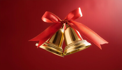 golden bells with red ribbons hanging from them floating or flying isolated on Clean Red background