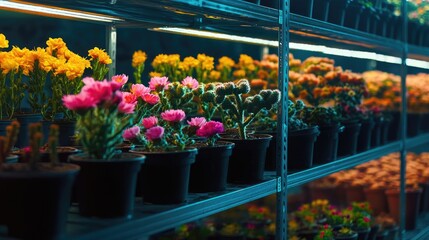 Colorful flower seedlings and cacti displayed in pots thriving on shelves inside a contemporary planting facility capturing the lively ambiance of a garden center or home gardening space