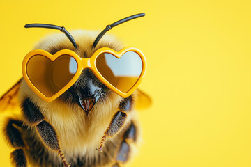 bee wearing heart-shaped yellow sunglasses on an isolated pastel yellow background, a funny animal in the concept of love for Valentine's Day celebration or a Valentine's party decoration idea