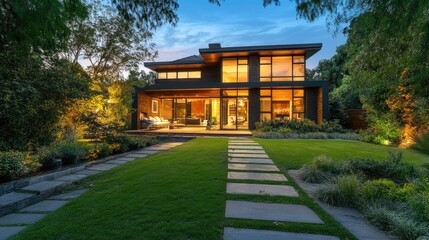 Obraz premium Contemporary home surrounded by a garden at night Lush greenery on one side featuring open space architectural design and a front lawn