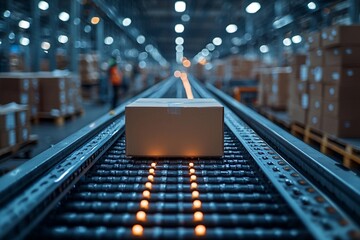 A cardboard box on the conveyor belt in a warehouse, with a blurred background of rows of boxes and pallets in the distance