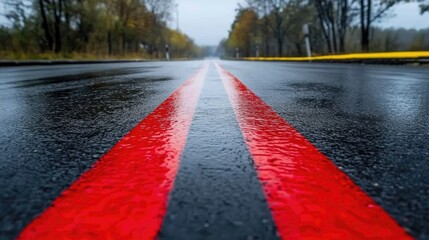 Double red lines on a wet asphalt road indicate no stopping at any time often used as an alternative to yellow lines