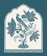 Bird sits on a branch.Mughal decorative ornamental floral. Vintage intricate traditional mughal style with flowers and foliage.