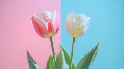 Naklejka premium Colorful tulip blooms set against a divided pastel blue and pink backdrop ideal for floral and spring inspired designs