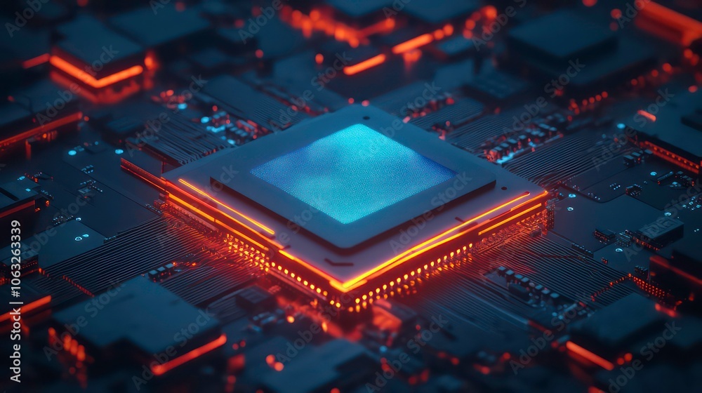 Poster A close-up of a microchip on a circuit board with glowing elements, showcasing technology.